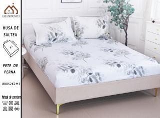 Husa cu Elastic si Fete de Perna Bumbac Satinat 180x200cm - Alb Flori Si Frunze