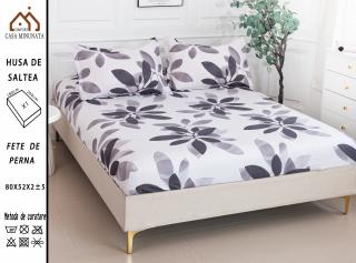 Husa cu Elastic si Fete de Perna Bumbac Satinat 180x200cm - Alb Frunze