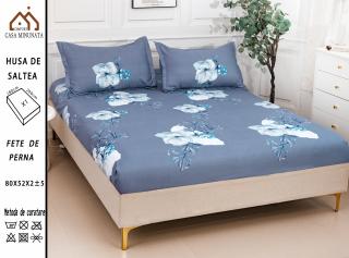 Husa cu Elastic si Fete de Perna Bumbac Satinat 180x200cm - Albastru Floral