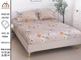 Husa cu Elastic si Fete de Perna Bumbac Satinat 180x200cm - Bej Cu Flori