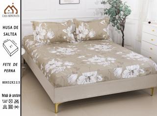 Husa cu Elastic si Fete de Perna Bumbac Satinat 180x200cm - Bej Flori Albe