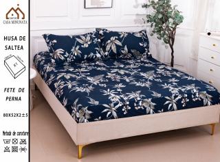 Husa cu Elastic si Fete de Perna Bumbac Satinat 180x200cm - Bleumarin Frunze