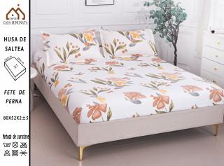 Husa cu Elastic si Fete de Perna Bumbac Satinat 180x200cm - Flori Colorate