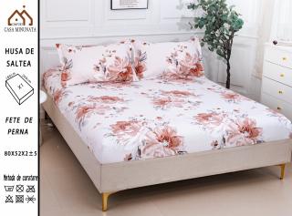 Husa cu Elastic si Fete de Perna Bumbac Satinat 180x200cm - Flori Pictate