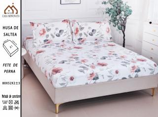 Husa cu Elastic si Fete de Perna Bumbac Satinat 180x200cm - Flori Roz