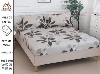 Husa cu Elastic si Fete de Perna Bumbac Satinat 180x200cm - Frunze Pamanti