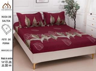 Husa cu Elastic si Fete de Perna Bumbac Satinat 180x200cm - Grena Frunze