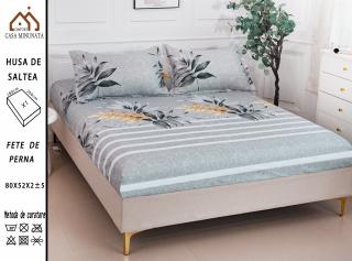 Husa cu Elastic si Fete de Perna Bumbac Satinat 180x200cm - Gri Dungi Si Frunze