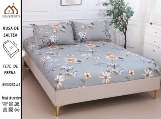 Husa cu Elastic si Fete de Perna Bumbac Satinat 180x200cm - Gri Floral