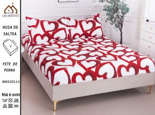 Husa cu Elastic si Fete de Perna Bumbac Satinat 180x200cm - Inimi