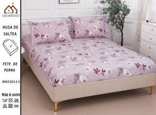 Husa cu Elastic si Fete de Perna Bumbac Satinat 180x200cm - Roz Floricele