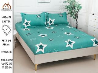 Husa cu Elastic si Fete de Perna Bumbac Satinat 180x200cm - Stele Turquaz