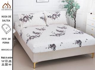 Husa cu Elastic si Fete de Perna Bumbac Satinat 180x200cm - Trandafiri Gri