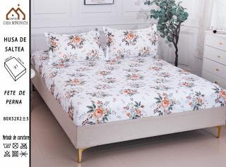 Husa cu Elastic si Fete de Perna Bumbac Satinat 180x200cm - Trandafiri Portocali