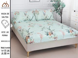 Husa cu Elastic si Fete de Perna Bumbac Satinat 180x200cm - Turquaz Floral