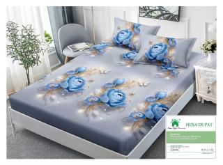 Husa cu Elastic si Fete de Perna Din Finet 180x200cm - Flori Bleu
