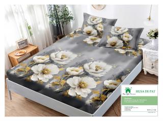 Husa cu Elastic si Fete de Perna Din Finet 180x200cm - Gri Cu Flori Albe