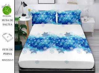 Husa cu Elastic si Fete de Perna Din Finet - Bleu Cu Flori De Gheata
