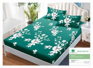 Husa Din Finet Cu Elastic Si Fete De Perna 140x200cm - Verde Cu Flori Albe