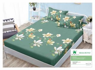 Husa Din Finet Cu Elastic Si Fete De Perna 140x200cm - Verde Floral