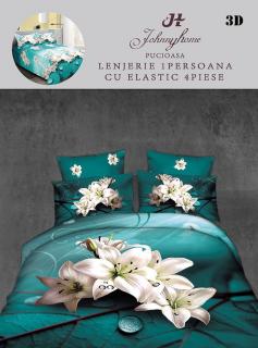 Lenjerie Bumbac Satina 1 Persoana 3D - Flori Albe