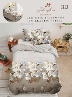 Lenjerie Bumbac Satinat 1 Persoana 3D - Bej Floral
