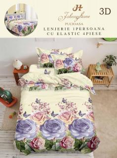 Lenjerie Bumbac Satinat 1 Persoana 3D - Crem Trandafiri Lila