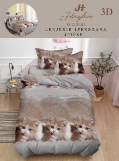 Lenjerie Bumbac Satinat 1 Persoana 3D - Gri Pisicute