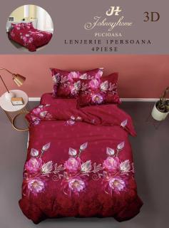 Lenjerie Bumbac Satinat 1 Persoana 3D - Rosu Zmeura Floral