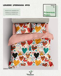 Lenjerie De Pat 100% Bumbac 1 Persoana - Inimioare Si Iepurasi