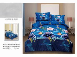 Lenjerie De Pat Bumbac Satinat 3D - Albastru Marin Floral