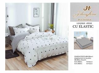 Lenjerie De Pat Bumbac Satinat Cu Elastic - Alb Cu Inimioare Negre