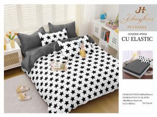 Lenjerie De Pat Bumbac Satinat Cu Elastic - Alb Cu Stelute Negre
