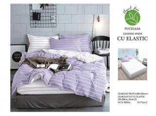 Lenjerie De Pat Bumbac Satinat Cu Elastic - Alb Lila