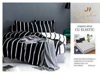 Lenjerie De Pat Bumbac Satinat Cu Elastic - Alb Negru Cu Dungi Late