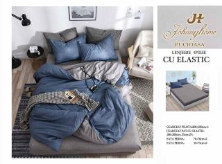 Lenjerie De Pat Bumbac Satinat Cu Elastic - Bicolor Gri - Albastru