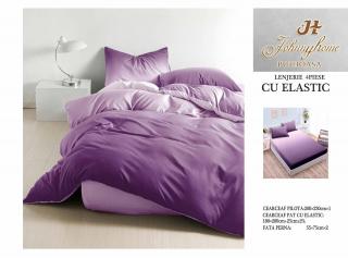 Lenjerie De Pat Bumbac Satinat Cu Elastic - Bicolor Mov Inchis