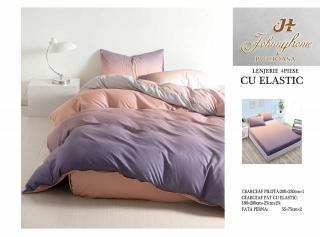 Lenjerie De Pat Bumbac Satinat Cu Elastic - Bicolor Mov Roz Piersica