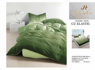 Lenjerie De Pat Bumbac Satinat Cu Elastic - Bicolor Verde Praz