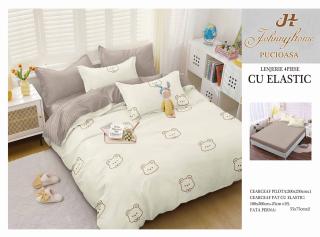 Lenjerie De Pat Bumbac Satinat Cu Elastic - Crem Cu Ursuleti