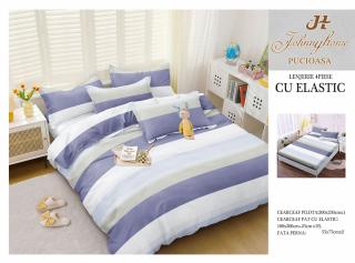 Lenjerie De Pat Bumbac Satinat Cu Elastic - Dungi Bleu