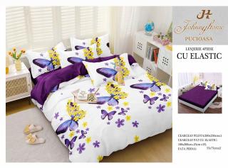 Lenjerie De Pat Bumbac Satinat Cu Elastic - Fluturi Mov
