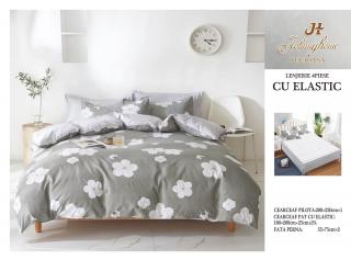 Lenjerie De Pat Bumbac Satinat Cu Elastic - Gri Cu Floricele