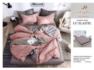 Lenjerie De Pat Bumbac Satinat Cu Elastic - Gri Cu Roz