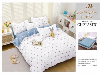 Lenjerie De Pat Bumbac Satinat Cu Elastic - Inimioare Bleu