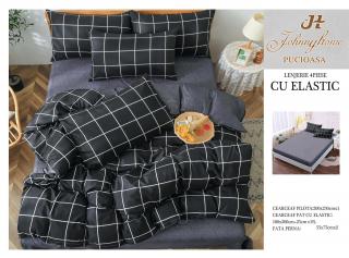 Lenjerie De Pat Bumbac Satinat Cu Elastic - Negru Cu Patratele