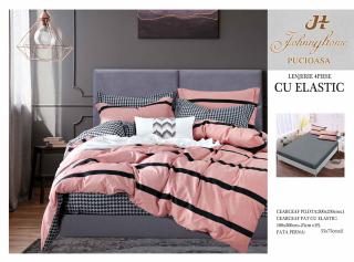 Lenjerie De Pat Bumbac Satinat Cu Elastic - Roz Dungi