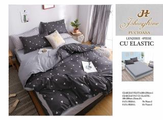 Lenjerie De Pat Bumbac Satinat Cu Elastic - Triunghiuri Mici