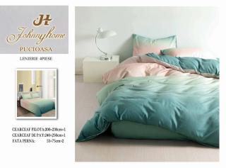 Lenjerie De Pat Bumbac Satinat Superior - Bicolor Verde Cu Roz