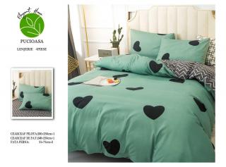 Lenjerie De Pat Bumbac Satinat Superior - Verde Cu Inimi